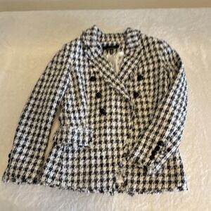 White House Black Market Studio Blazer Black White Plaid Lined Pockets Size 2